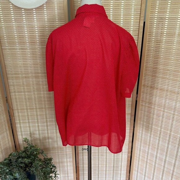 Vintage Red Polka Dot Button-Up Blouse With Ruffle Tie Neck & Puff Sleeves - Picture 6 of 10